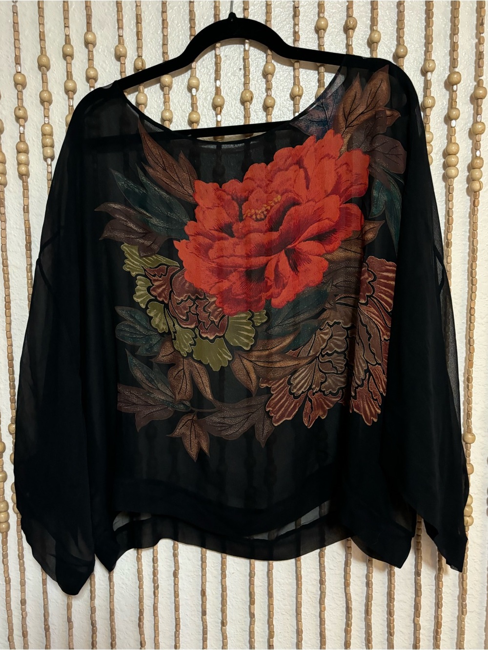 Harari Vintage Asian Silk Black Red Floral Sheer Boho Romantic 3/4 Sleeve Blouse